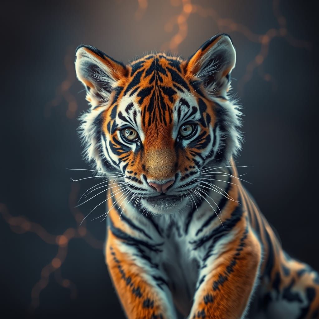 An adorable fantasy baby tiger with purple and orange lightning stripes