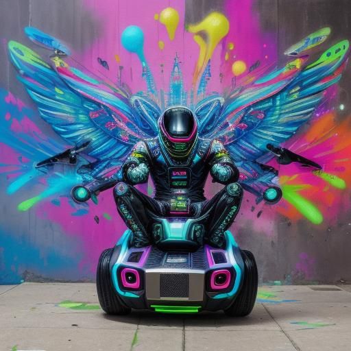 A pimp riding a futuristic drone flying drone machine intric...