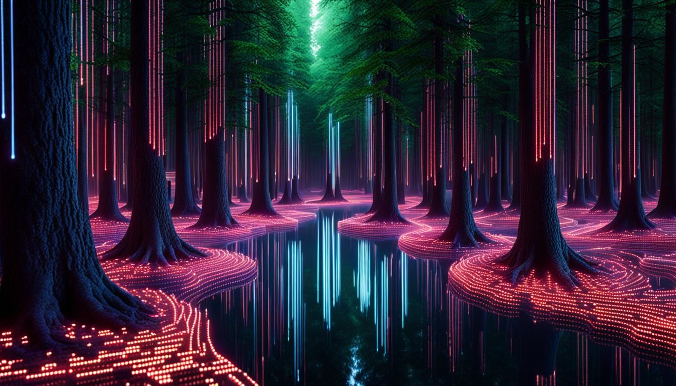 Cyberpunk Binary River Through Circuitry Forest