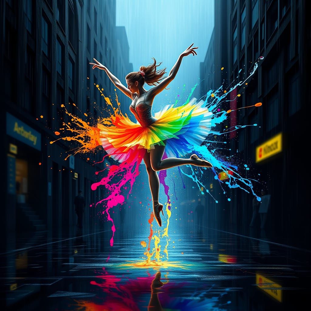 Rainbow-Hued Ballerina Leaps from Dripping Paint in a Vibran...
