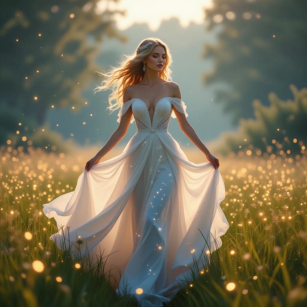 Ethereal Woman in Starlight Gown, Art Nouveau Style