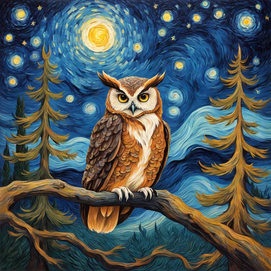 Van Gogh-Style Portrait of a Wise Old Owl Under a Starry Nig...