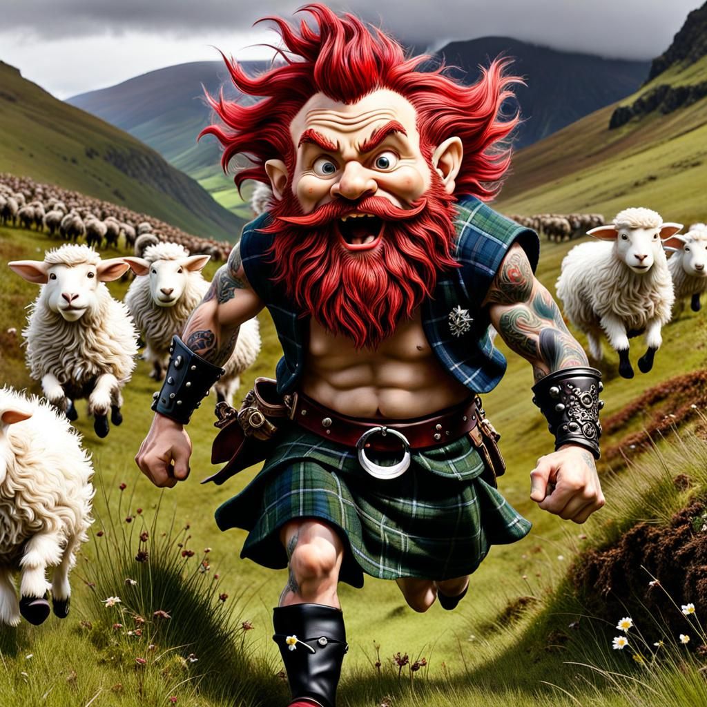 Scottish Gnomes Chase Sheep in Highlands Meadow
