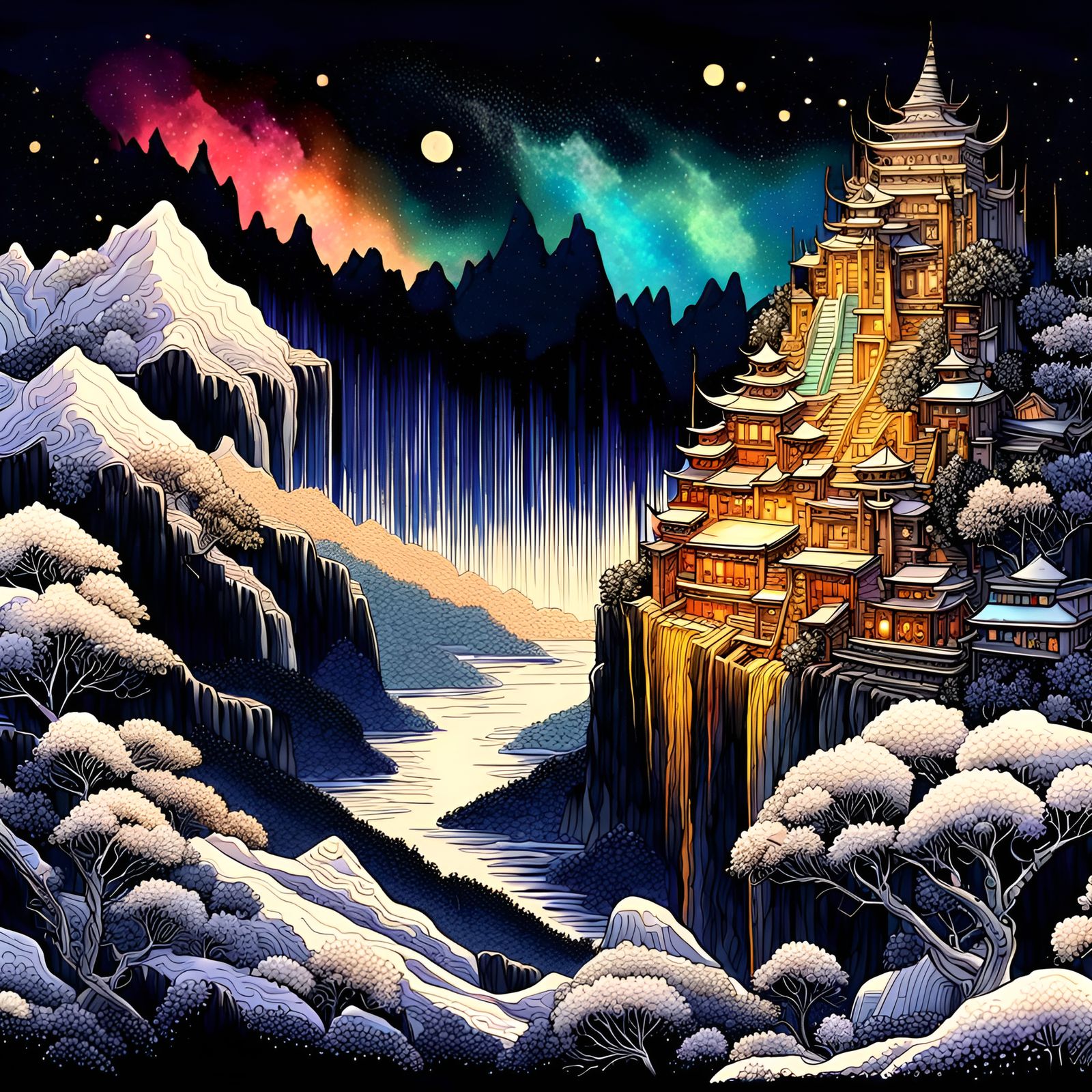 Shangri-La, Beautiful Asian epic hidden city, clinging to th...