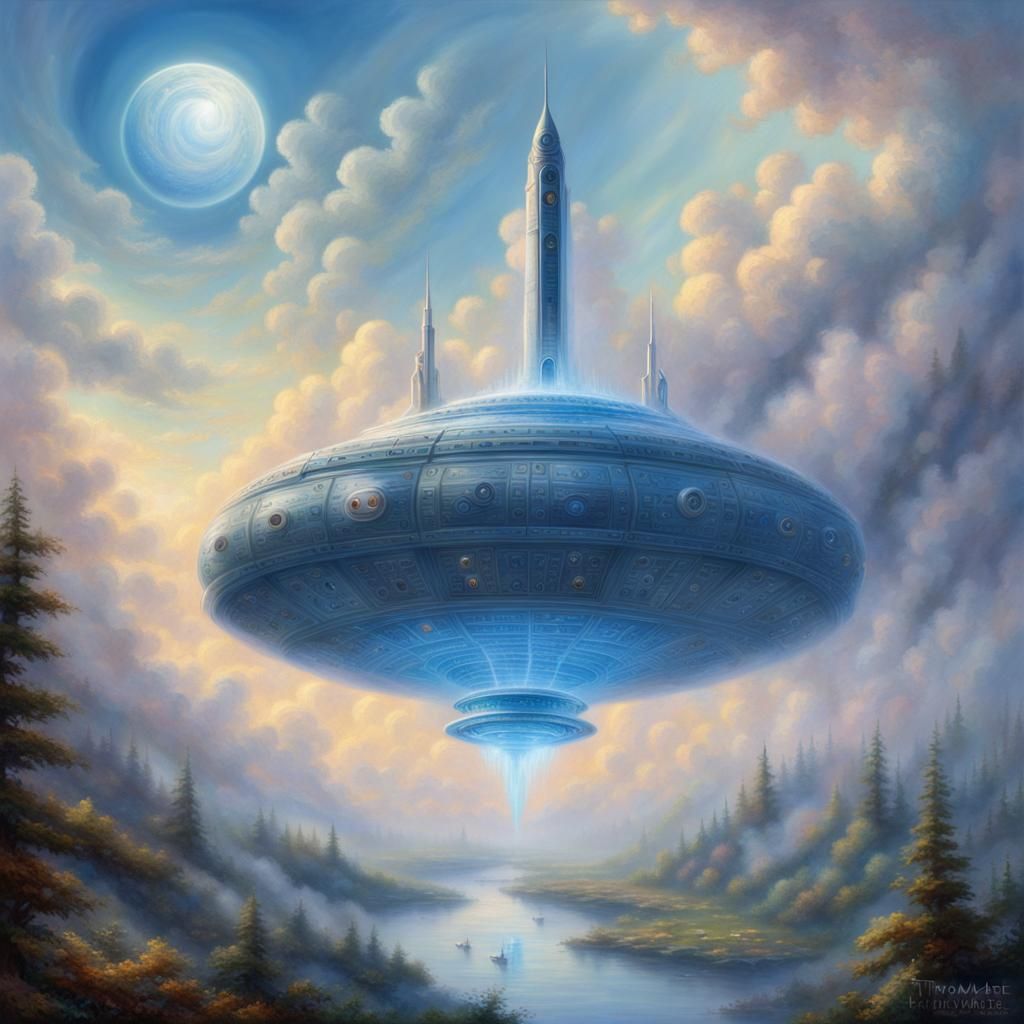 Ethereal Spaceship Cloaked in Clouds: Kinkade Style