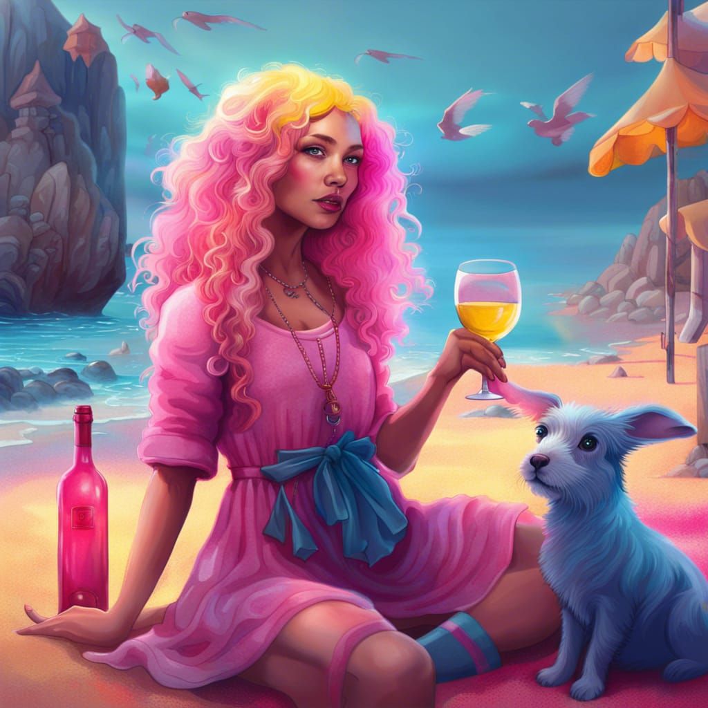 Girl with Dog and Rabbit on Beach