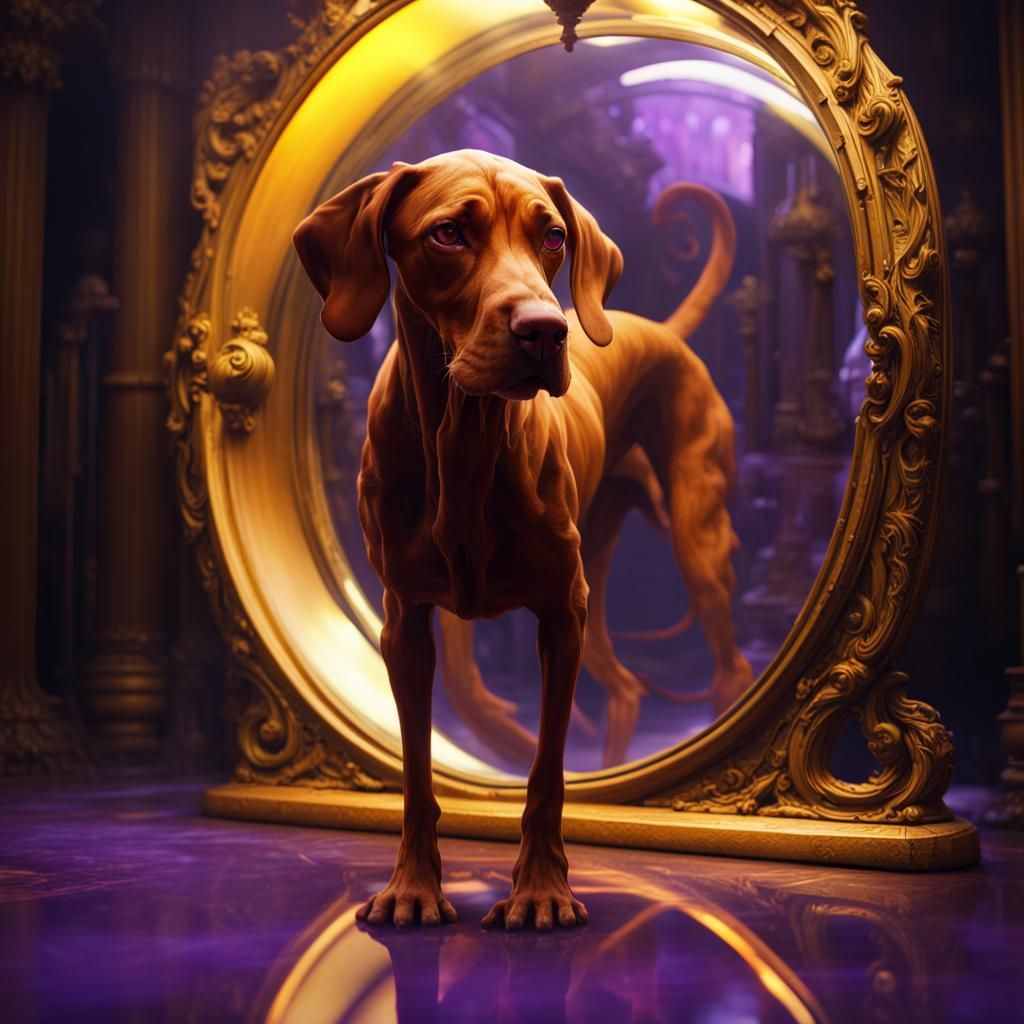 Vizsla Dog in Dark Fantasy Mirror Portal