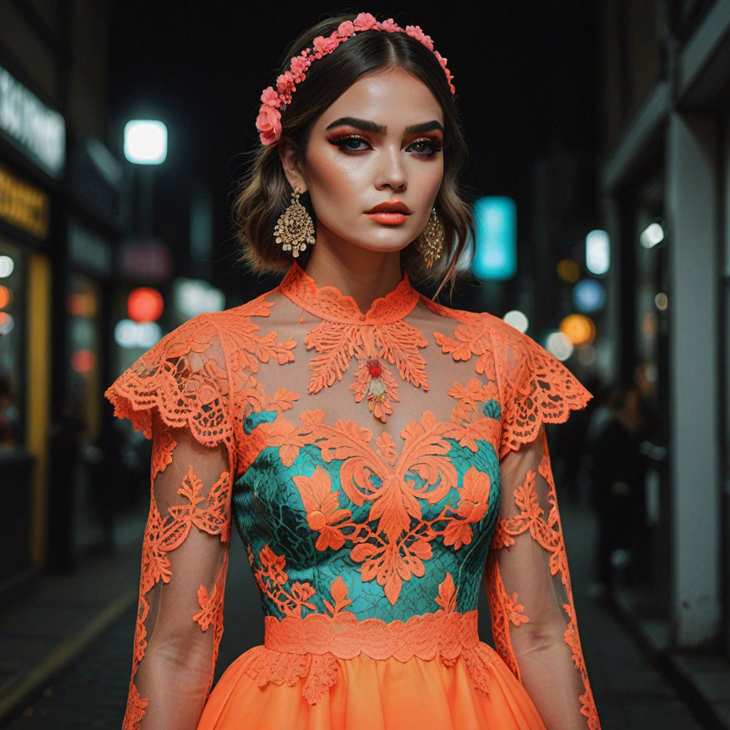 Cyberpunk Girl in Neon Dress with Heavy Makeup