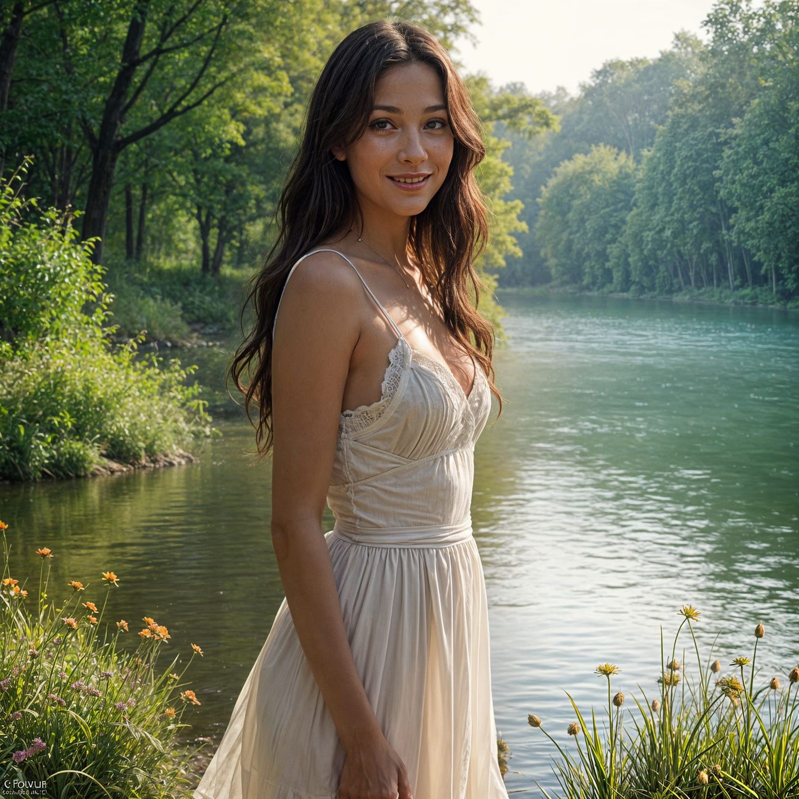 Attractive Woman by River in Detailed Matte Painting