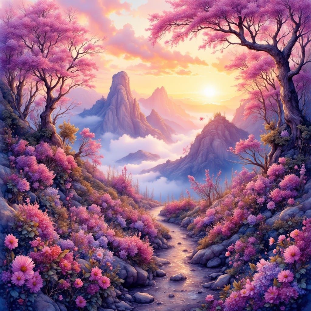 Surreal Mountainscape Unfolds at Sunrise with Blooming Bushl...