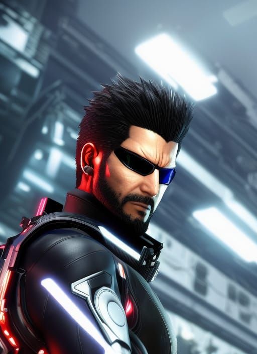 Adam Jensen Anime Key Visuals in Cyberpunk Style