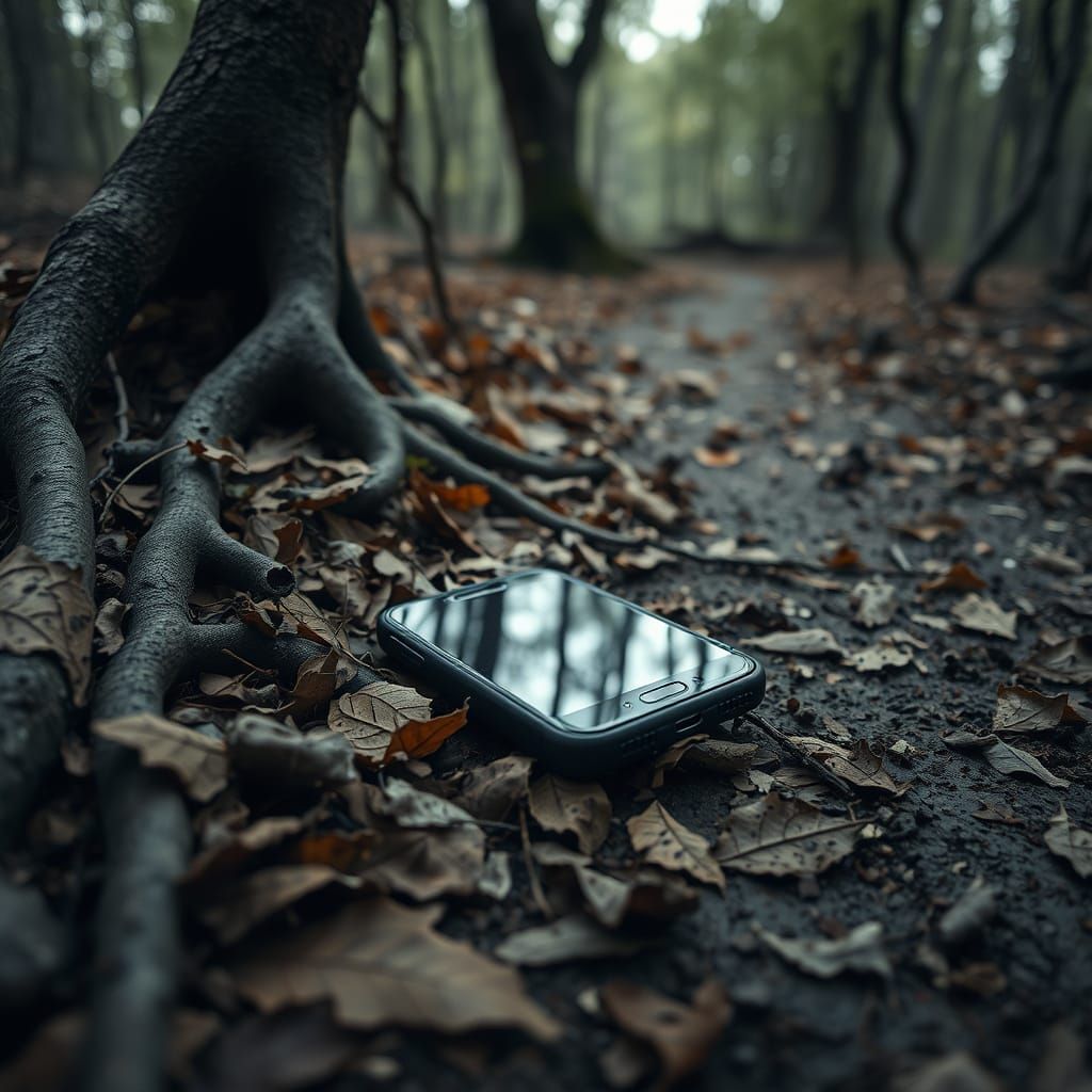 Abandoned Cellphone on Forest Trail in Digital Art Style