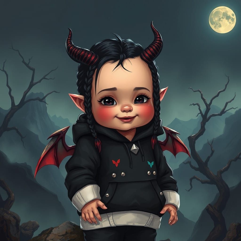 A plump, cherubic toddler with flushed, rosy cheeks and emo-inspired long black braids, adorned with tiny, curved demon ...