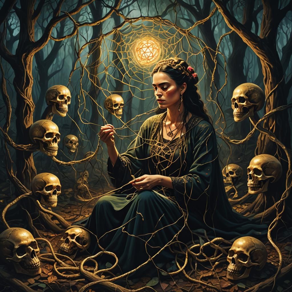 Woman Weaving Skulls in Mystical Forest: Surreal Art