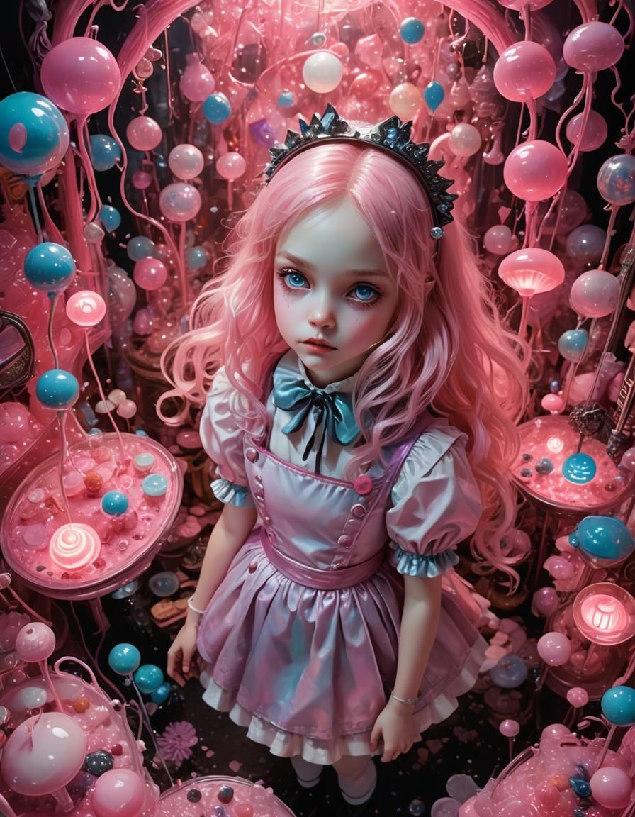 aerial view of cute alice from alice in wonderland inside a bioluminescent pink glow ethereal magical candy shop, creepy...