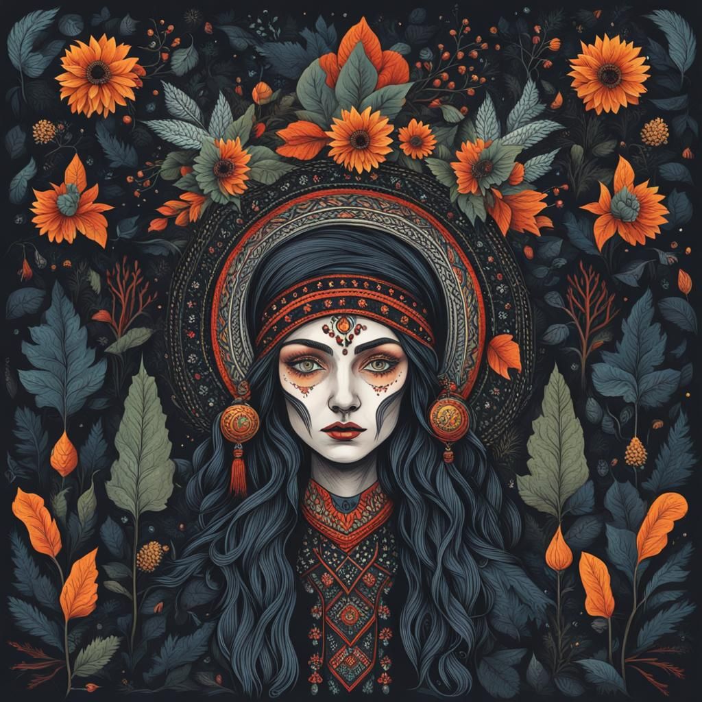 Mysterious Ukrainian Folklore Witch in Dark Forest