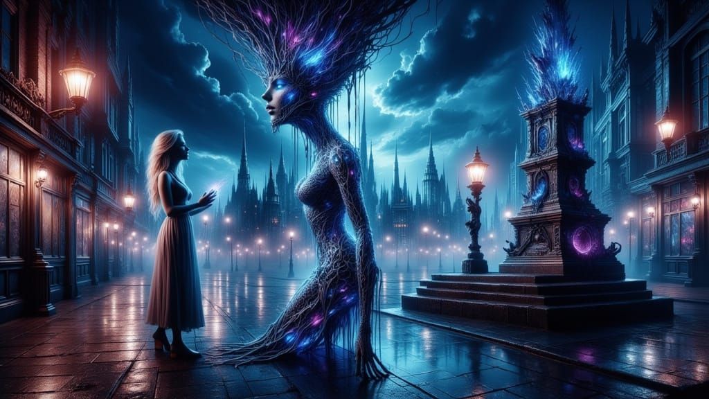 Mystical Woman in Dreamlike Cityscape, Evoking Dark Fantasy ...
