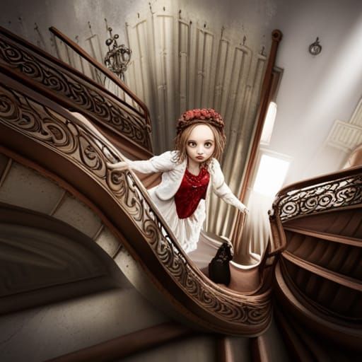 Scared Doll on Victorian Stairs: Detailed Matte Painting
