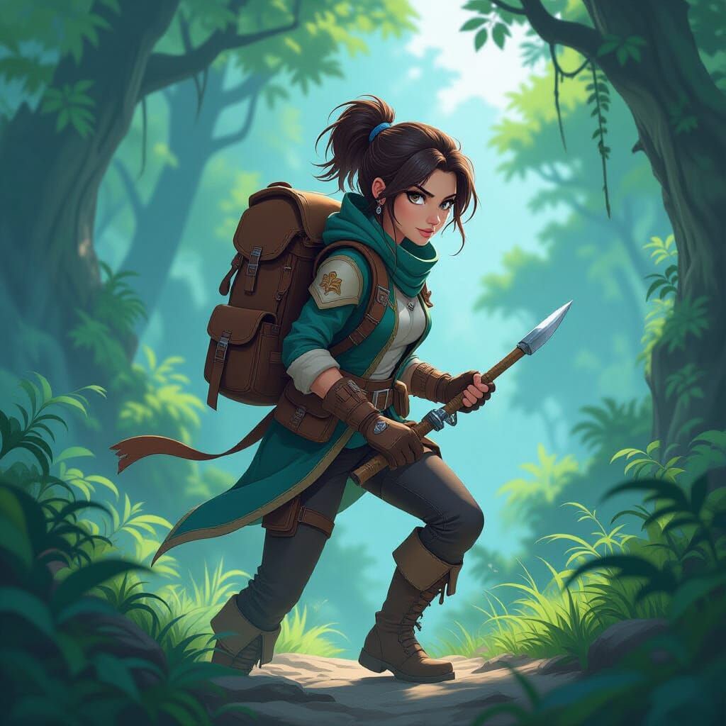 Female Explorer in Action Pose, League of Legends Art Style