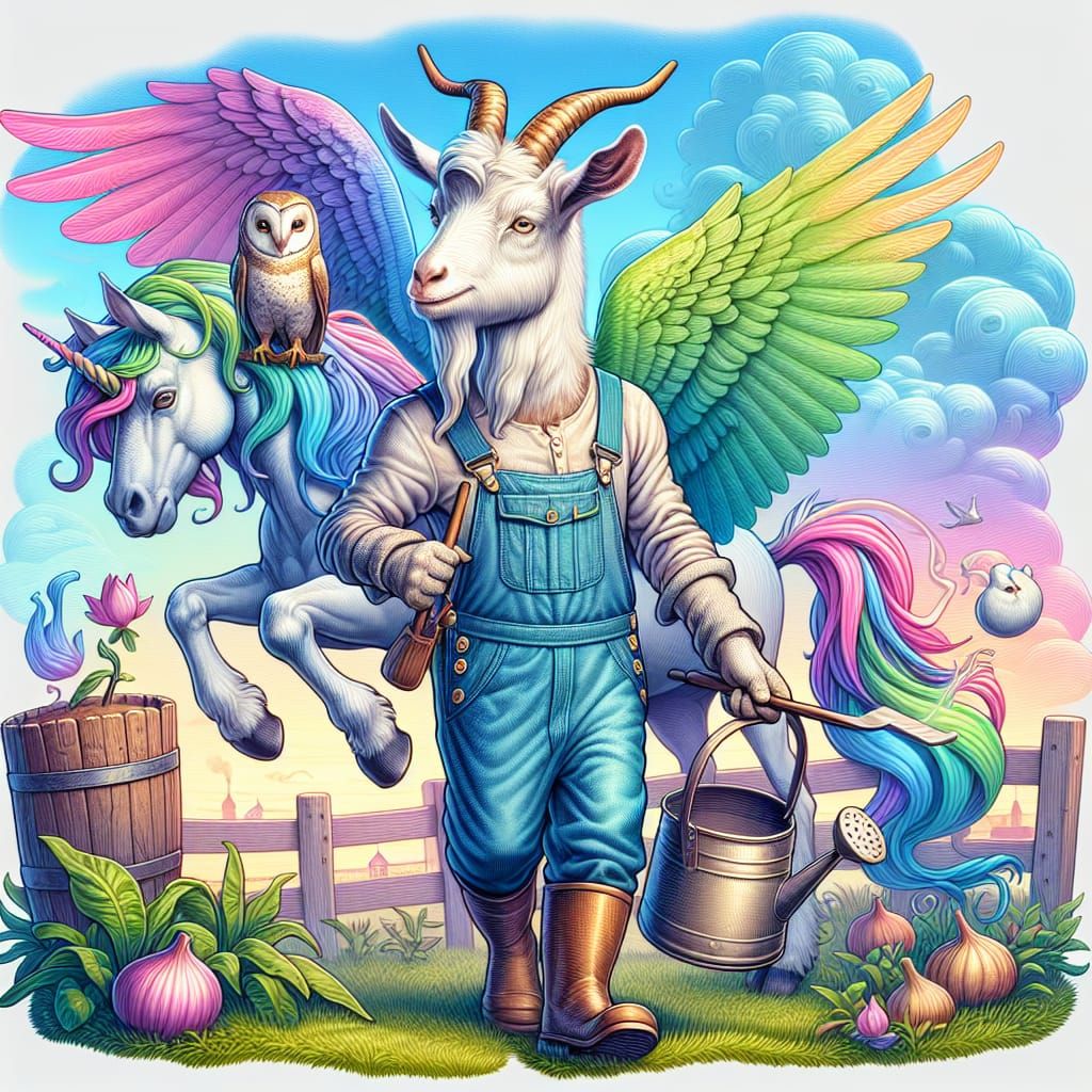 Anthropomorphic Goat Farmer Leads Unicorn in Fantasy Art