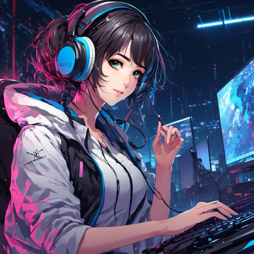Anime Woman at Computer in Manga Style