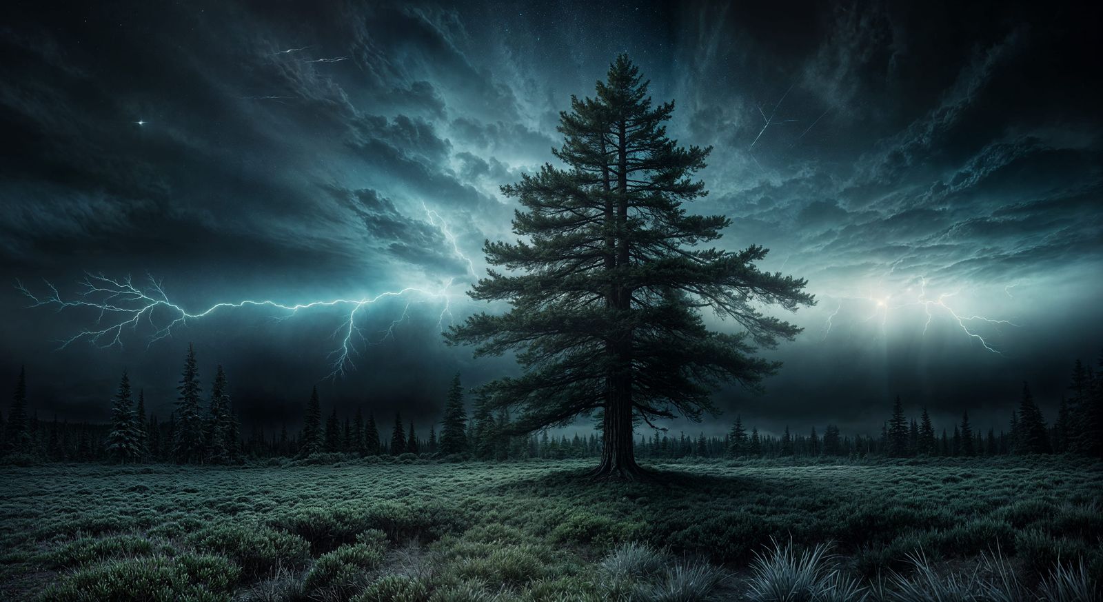 Surreal Dark Pine Tree Landscape with Neon Undertones