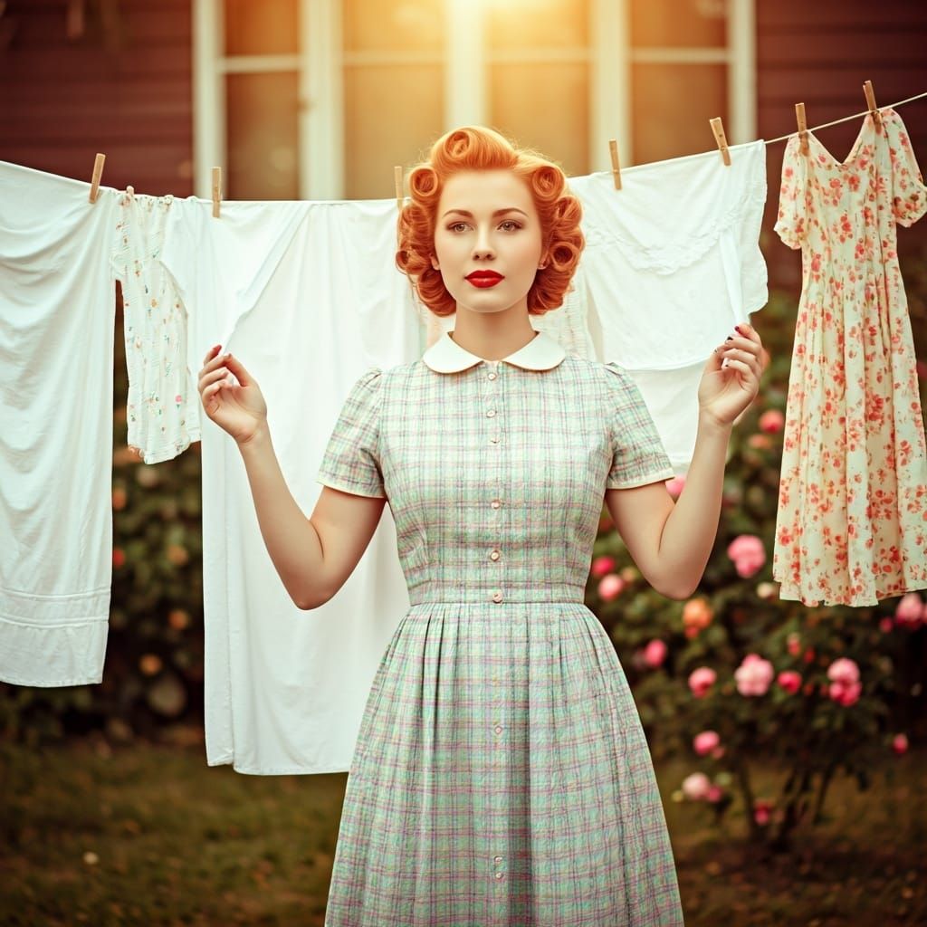 1950s Housewife Hanging Laundry in Golden Light