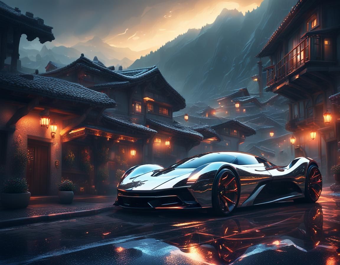 Futuristic Supercar in Traditional Village: Photorealistic D...