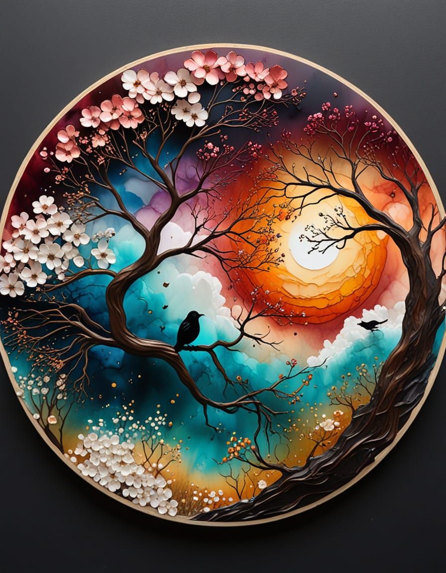 Alcohol Ink Art: Circular Floral Design with Bird and Golden...