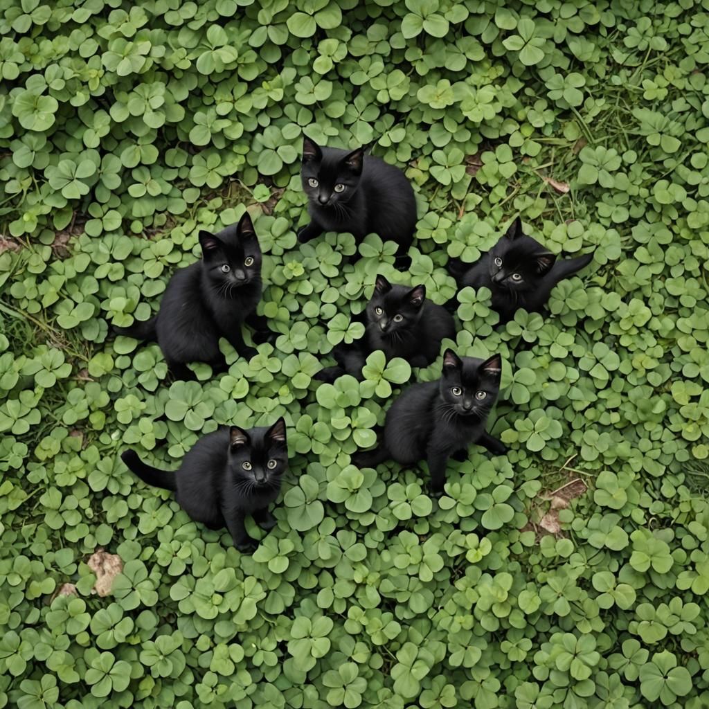 Black Kittens in Lucky Four-Leaf Clover Patch