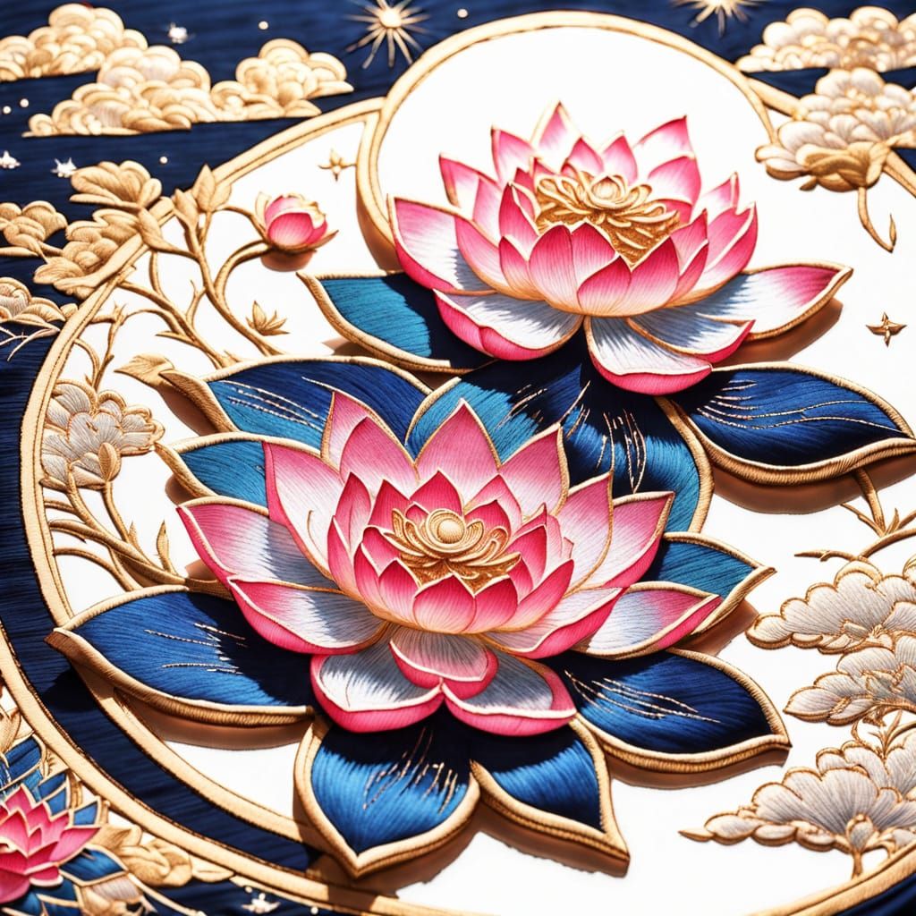 Woman with Lotus Flower in Silk Embroidery Style