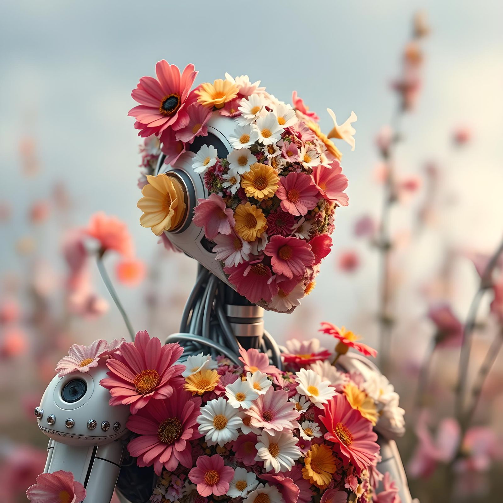 Photorealistic Robot Covered in Flowers