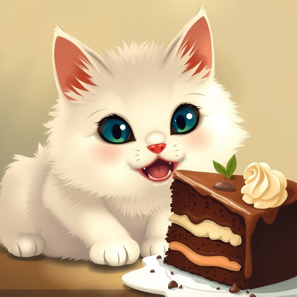 Fluffy White Cat Enjoys Chocolate Cake in Whimsical Style