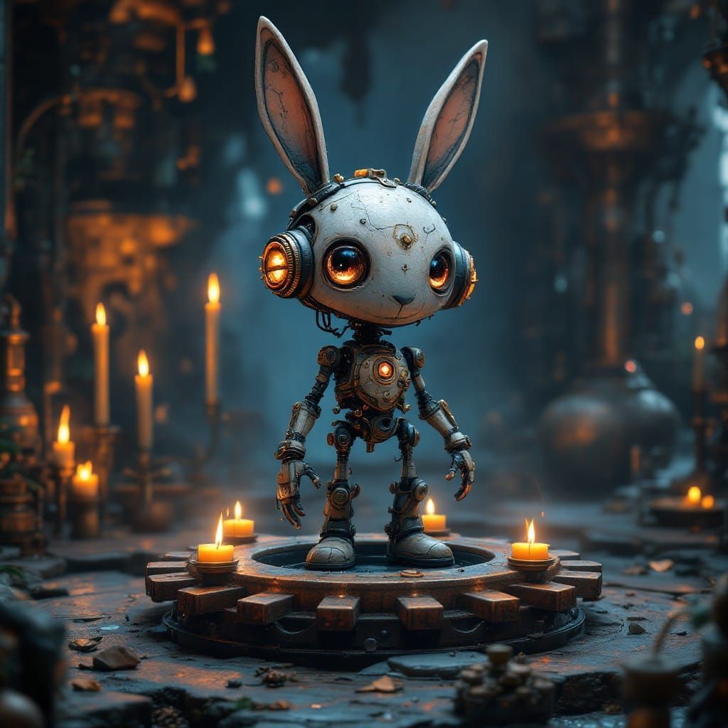 Steampunk Robot with Rabbit Ears in Mystical Chamber