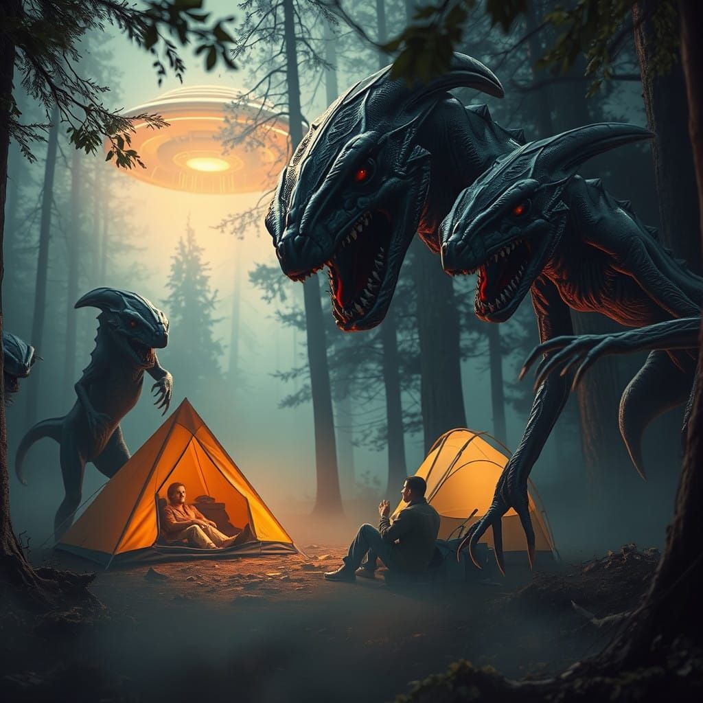Hungry Reptilian Aliens Emerge from Foggy Forest in the Nigh...