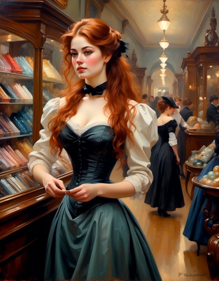 Victorian Woman Shopping in Department Store