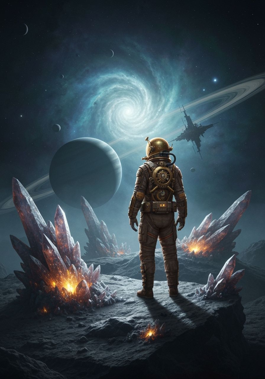Steampunk Astronaut on Asteroid Under Nebula Sky