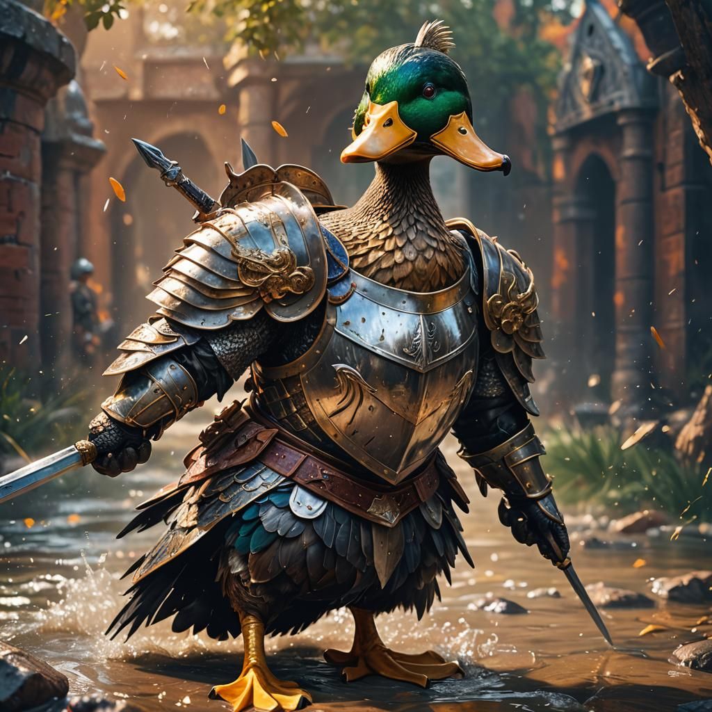 Hyperrealistic Warrior Duck in Knight's Armor