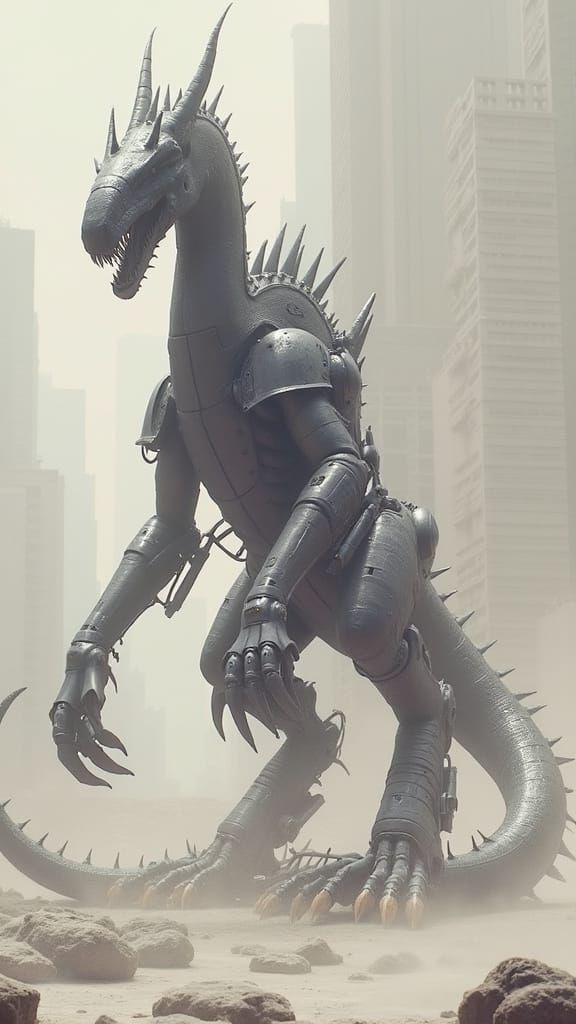 Cyberpunk Dragon Dominates Desolate Cityscape