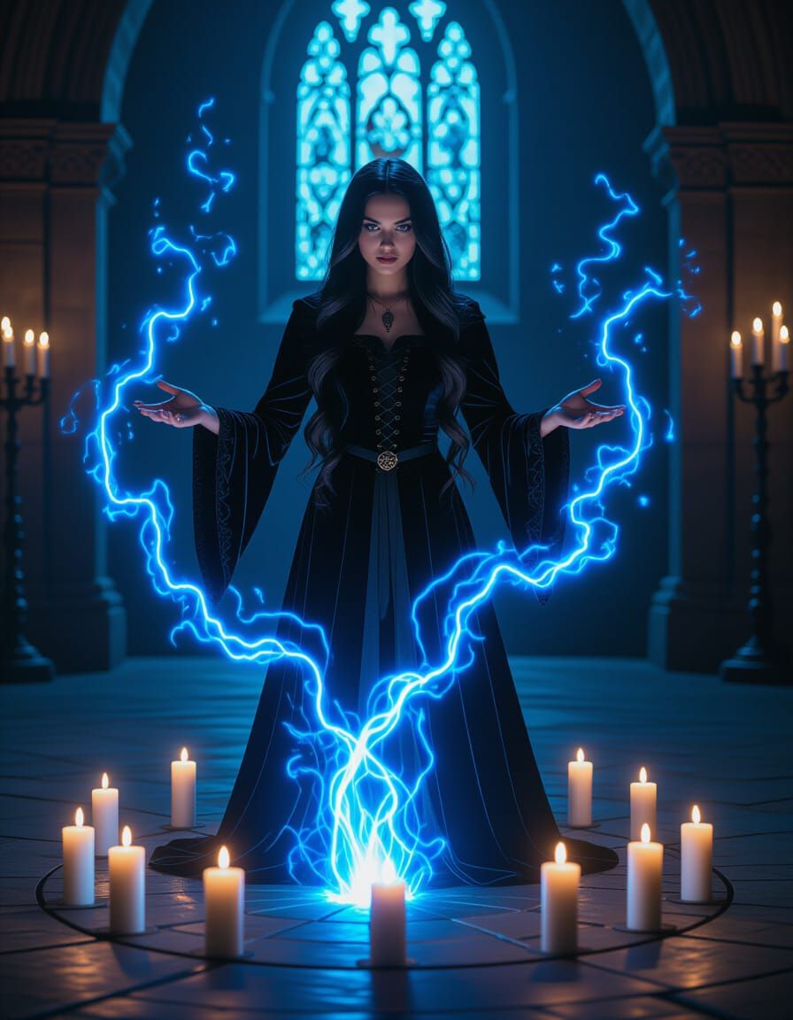 Young Witch Casting Spell by Candlelight in Dark Room