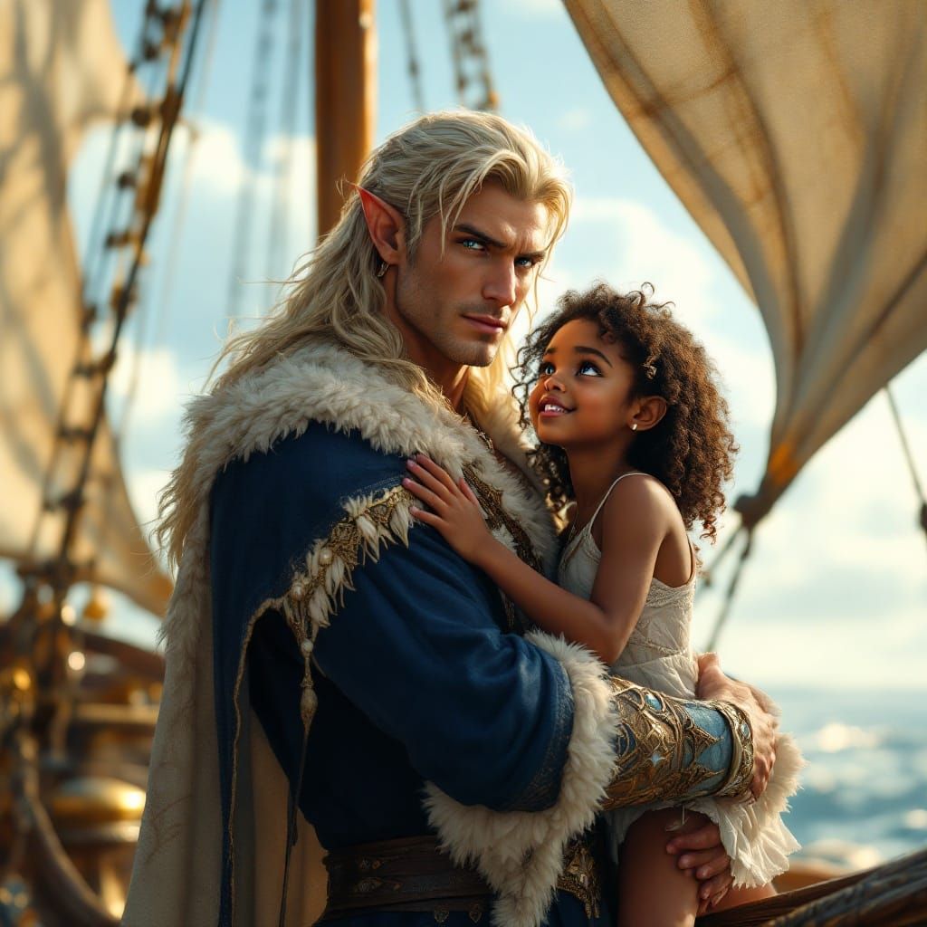 Elf Lord Cherishes Daughter on Majestic Sailing Ship
