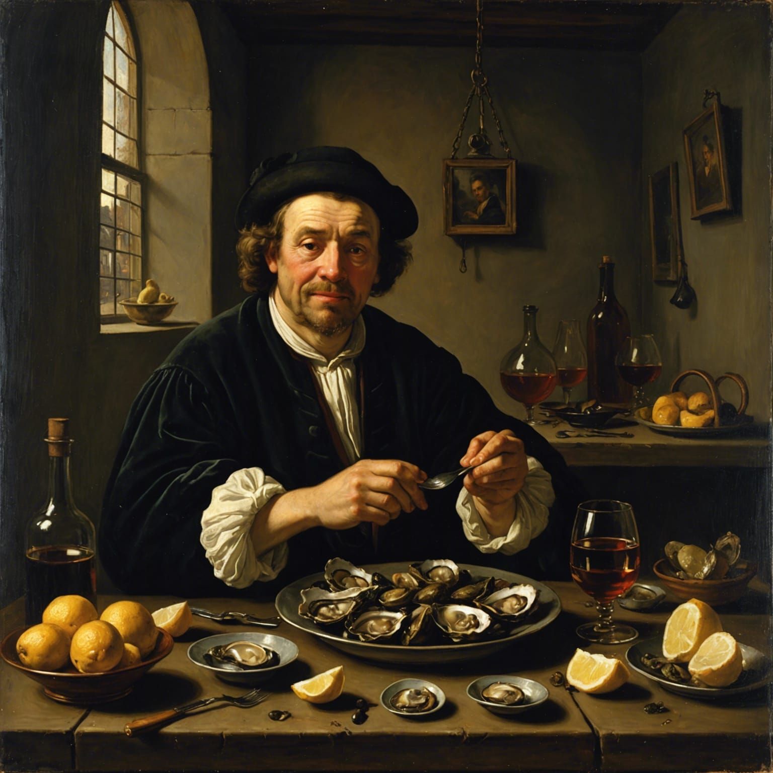 Man Eating Oysters in Dutch Golden Age Style