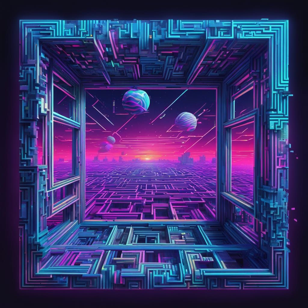 Synthwave Window to Infinity with Glitchcore Maze