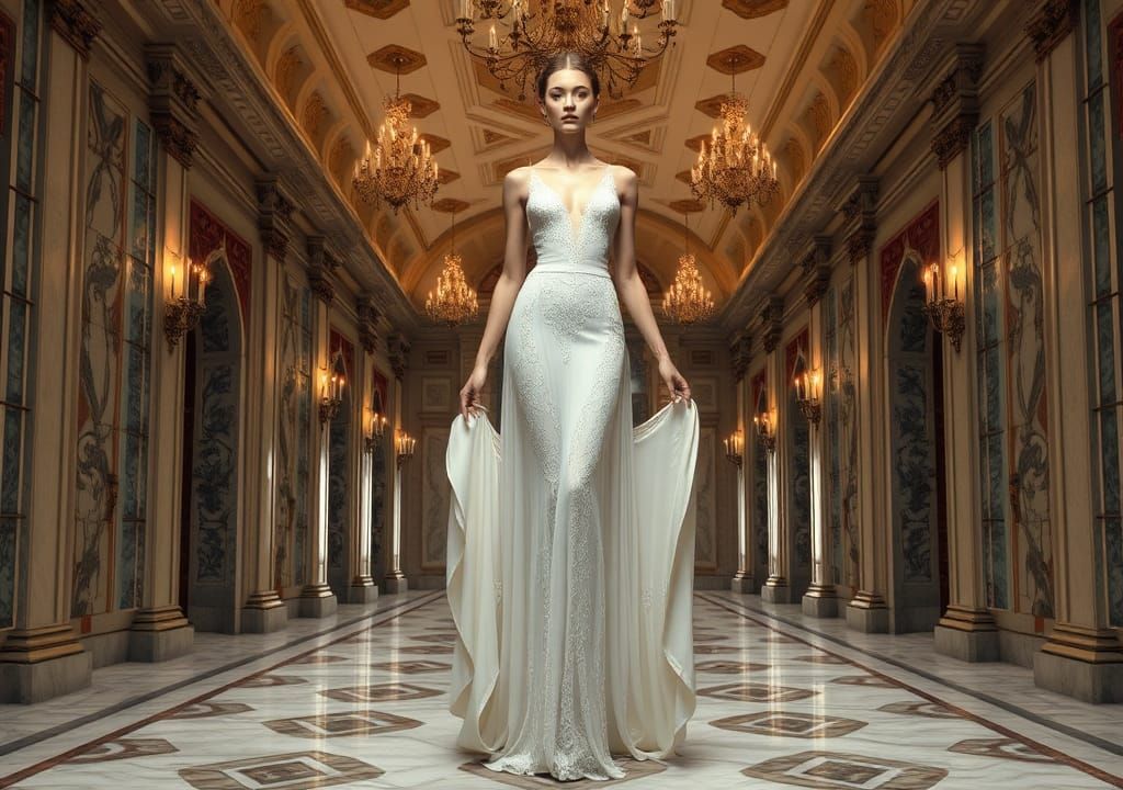 Elegant Statuesque Woman in Grand Hallway as Digital Art