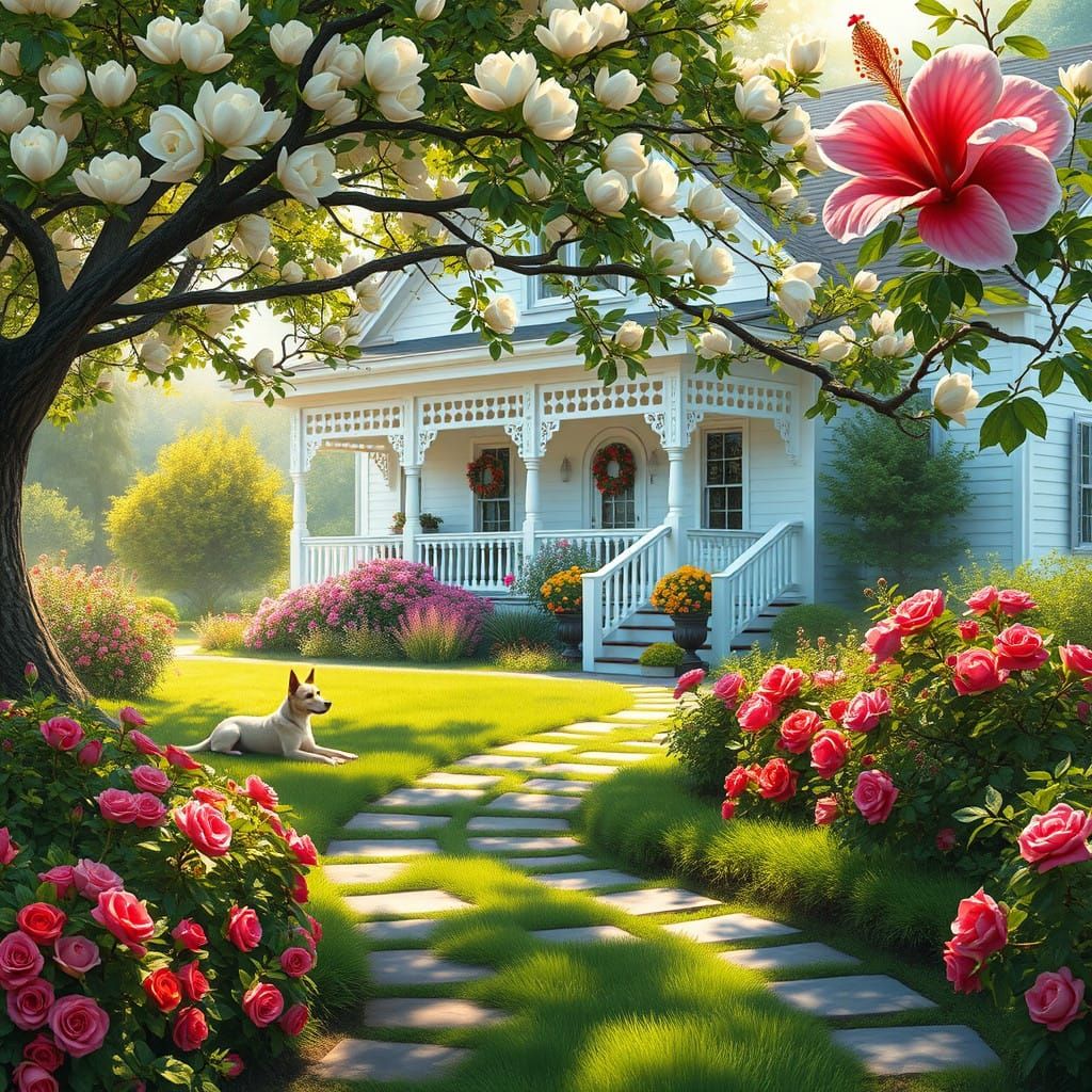 Serenely Beautiful Garden Scene in Dreamy Romantic Style