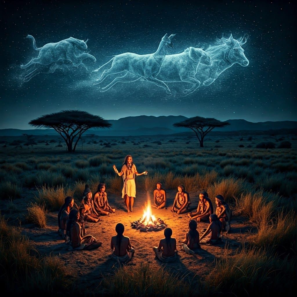 Primitive Tribe Gathered Around a Celestial Campfire