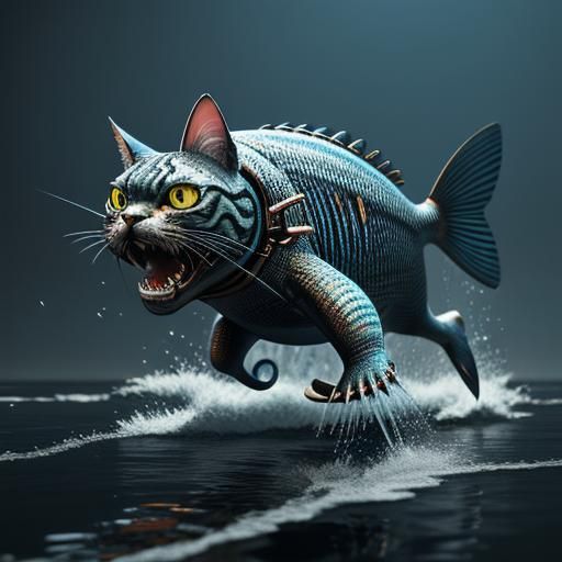 Anime Cat Running with Fish in Mouth: 3D Render