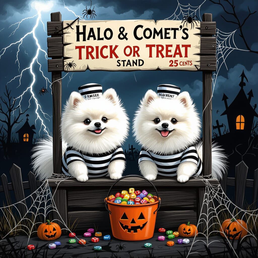 Pomeranians in Prisoner Outfits Run Trick or Treat Stand