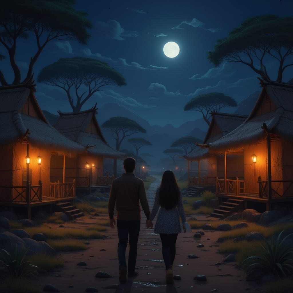 Golden Kraal at Sunset, African Village Scene