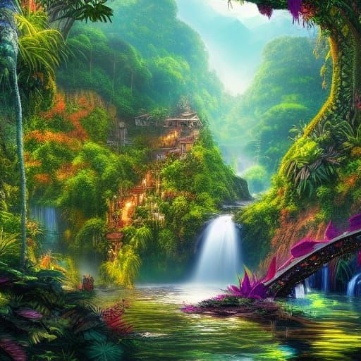 Lush Jungle City with Waterfall: Fantasy Concept Art